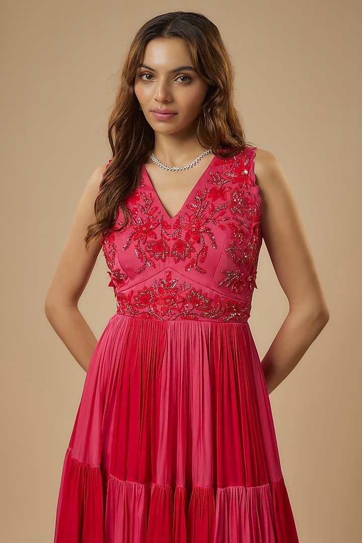 Red & Rani Pink Georgette Satin Cutwork Hand Embroidered Party Wear Gown by Ewoke at Pernia's Pop Up Shop