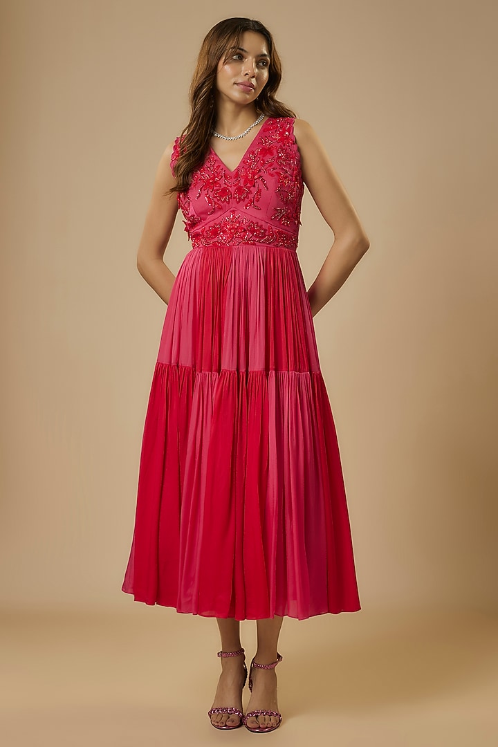 Red & Rani Pink Georgette Satin Cutwork Hand Embroidered Party Wear Gown by Ewoke at Pernia's Pop Up Shop