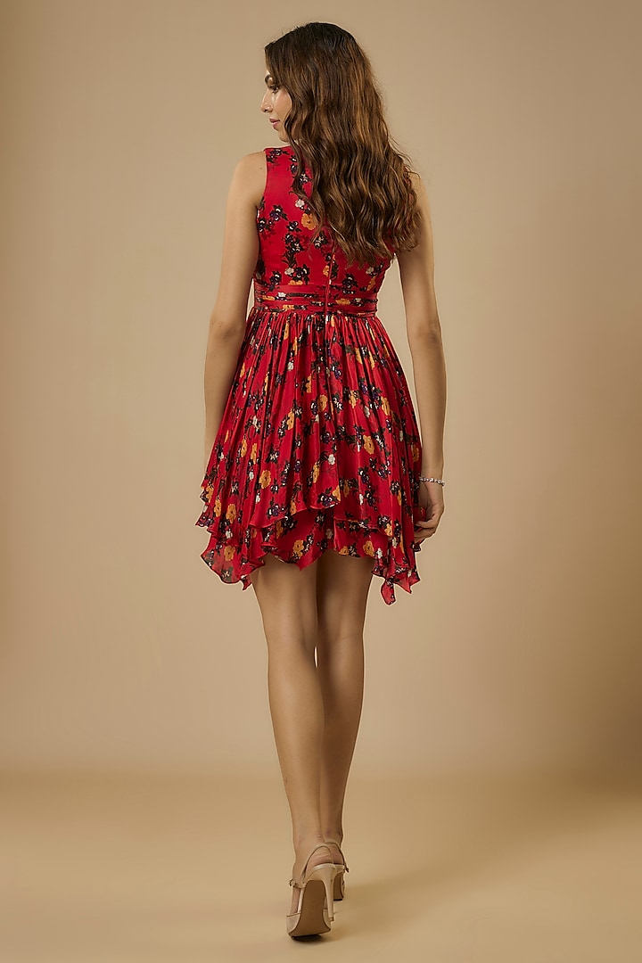 Red Georgette Satin Printed Ruffled Mini Summer Dress by Ewoke at Pernia's Pop Up Shop