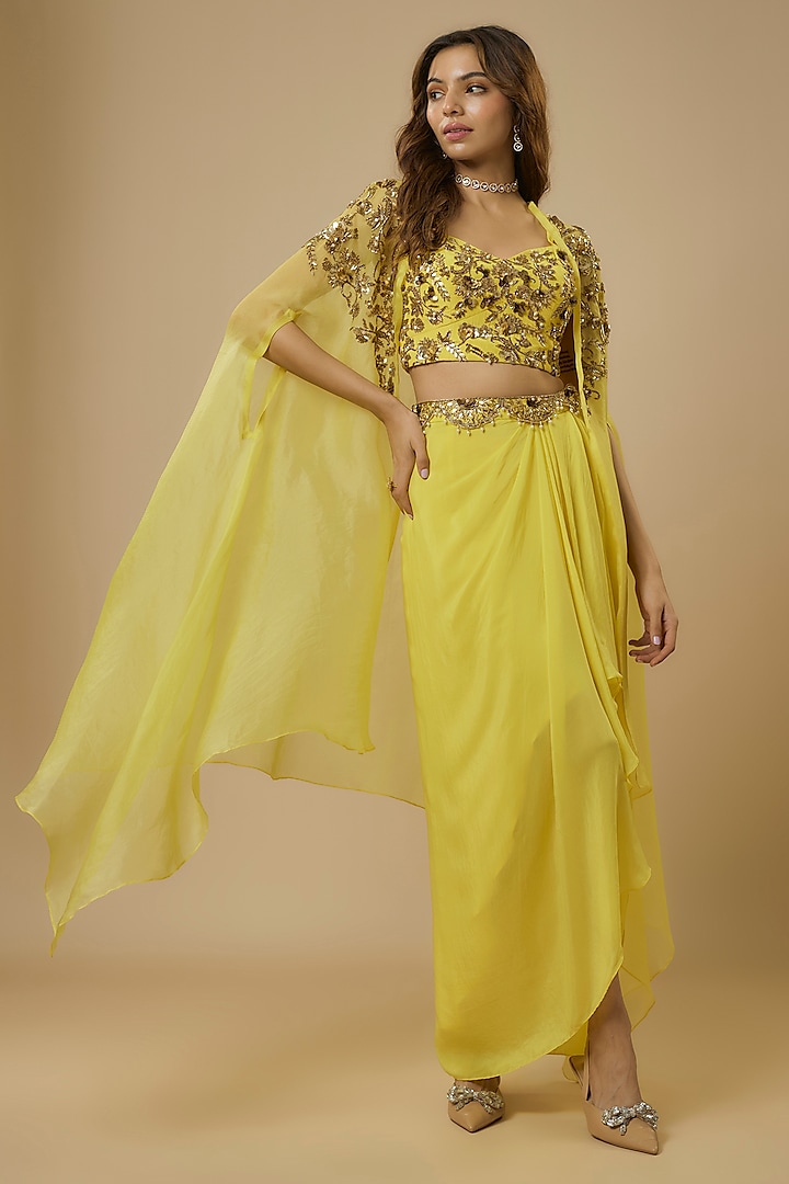 Lemon Yellow Crepe Draped Skirt Set by Ewoke at Pernia's Pop Up Shop