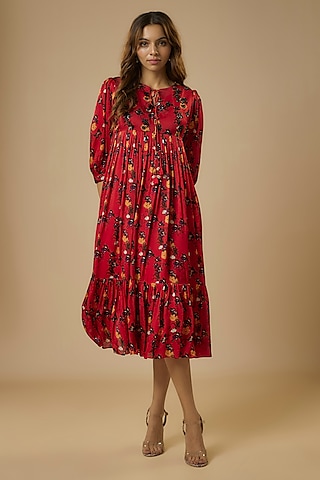 Red Georgette Satin Hand Embroidered & Digital Printed Dress by Ewoke