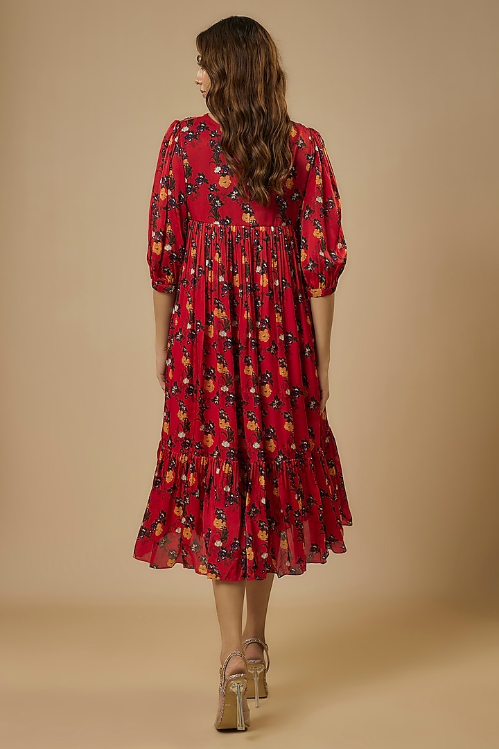 Red Georgette Satin Hand Embroidered & Digital Printed Summer Dress by Ewoke at Pernia's Pop Up Shop