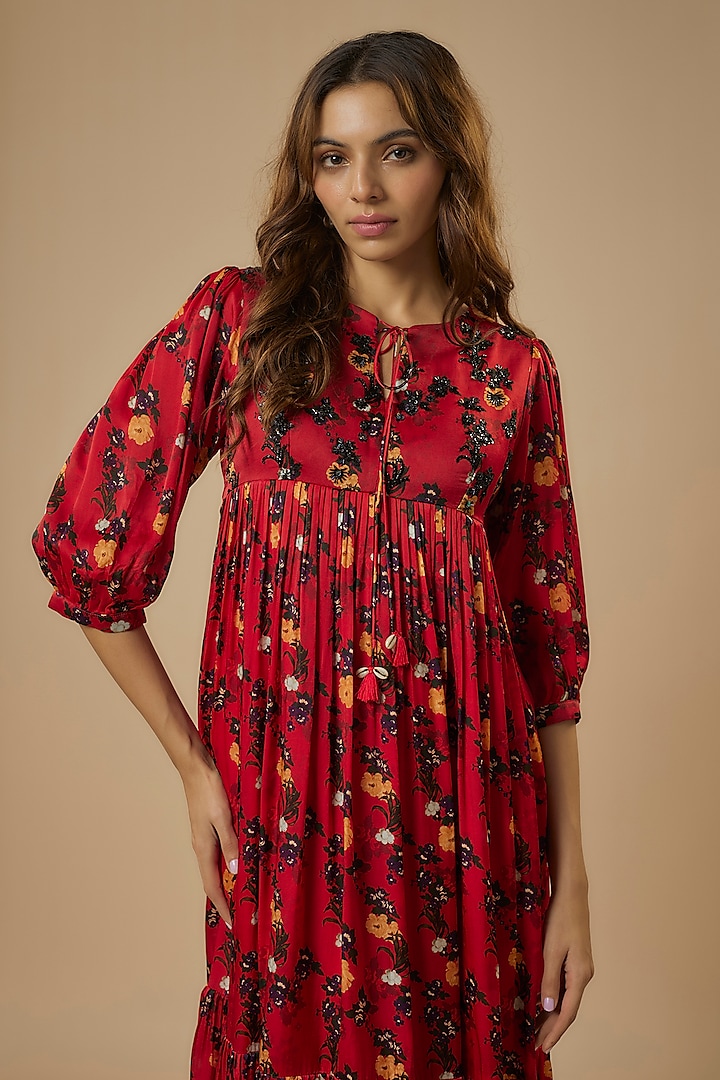 Red Georgette Satin Hand Embroidered & Digital Printed Summer Dress by Ewoke at Pernia's Pop Up Shop