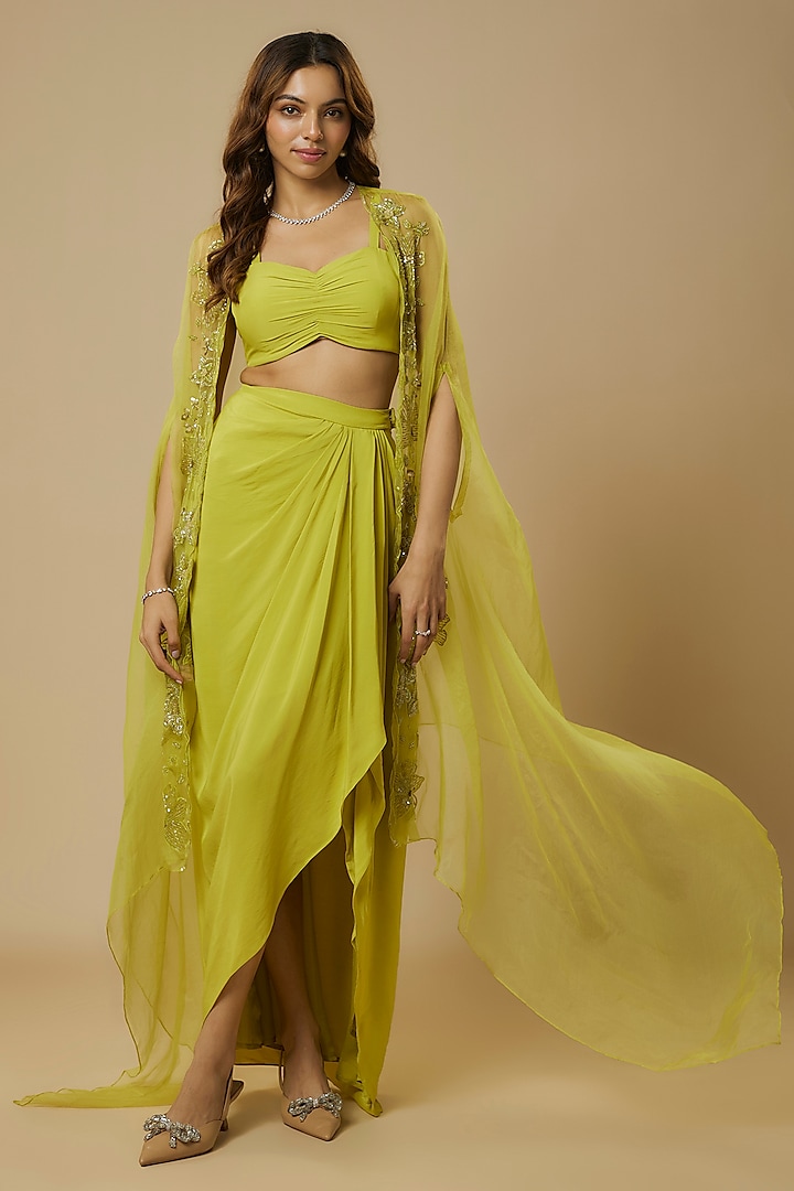 Lime Green Crepe Draped Skirt Set by Ewoke at Pernia's Pop Up Shop