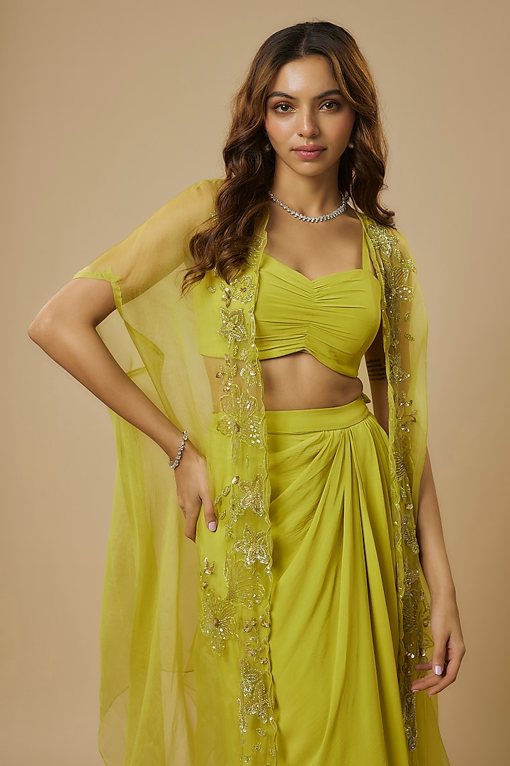Lime Green Crepe Draped Skirt Set by Ewoke at Pernia's Pop Up Shop