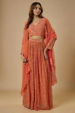 Peach Crepe Mirror Embroidered & Digital Printed Flared Lehenga Set by Ewoke
