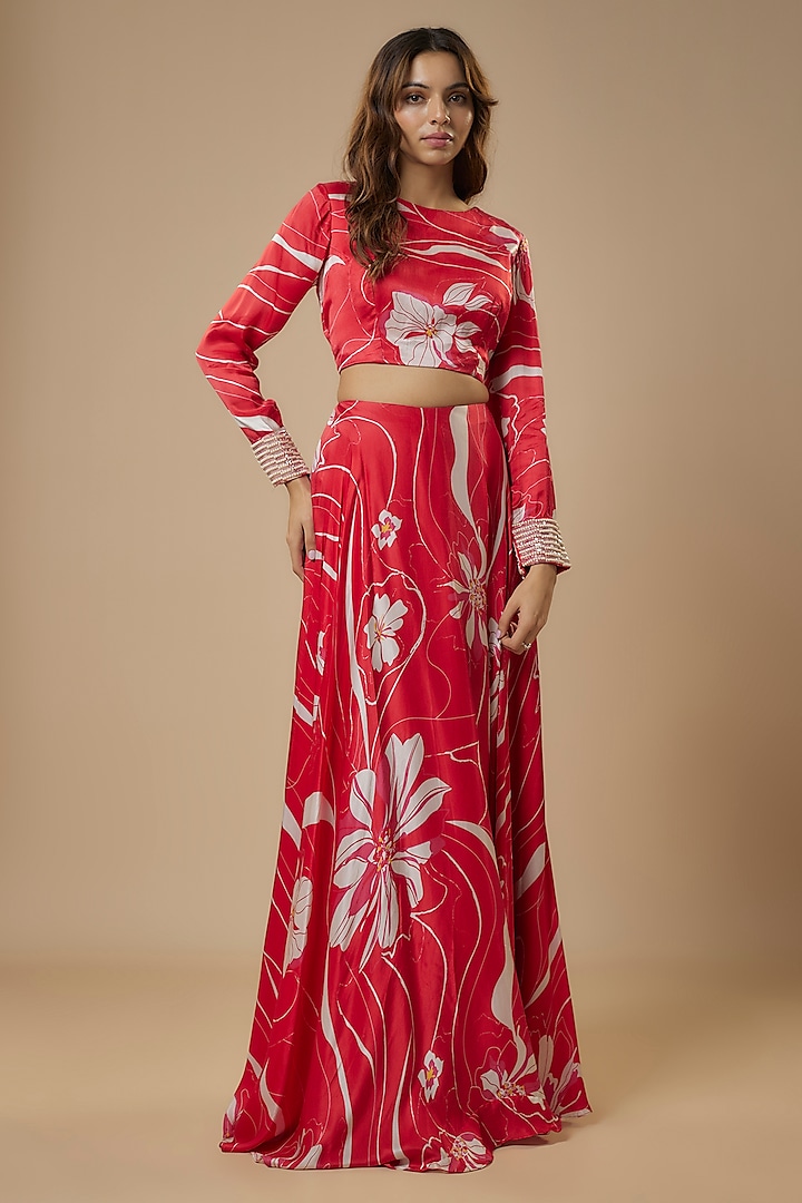 Red Gajji Silk Wave Digital Printed Skirt Set by Ewoke at Pernia's Pop Up Shop