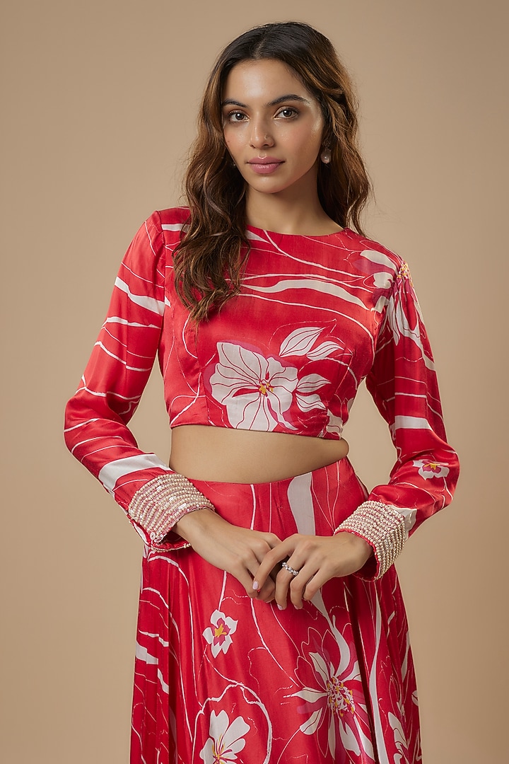 Red Gajji Silk Wave Digital Printed Skirt Set by Ewoke at Pernia's Pop Up Shop
