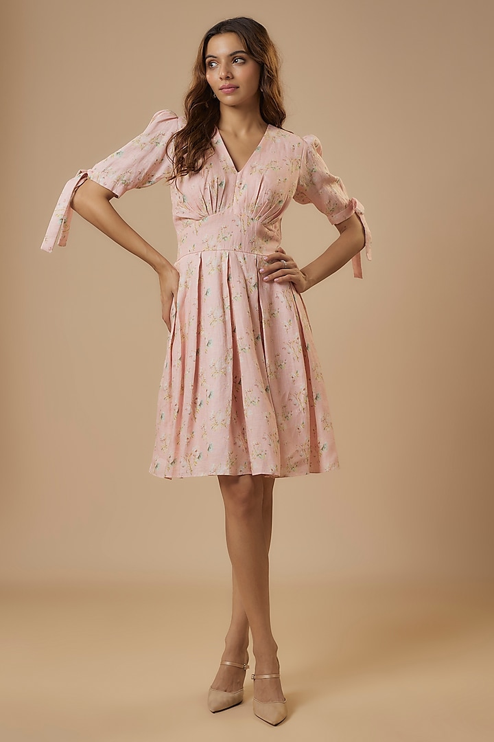 Pink Hemp Floral Digital Printed Box-Pleated Dress by Ewoke at Pernia's Pop Up Shop