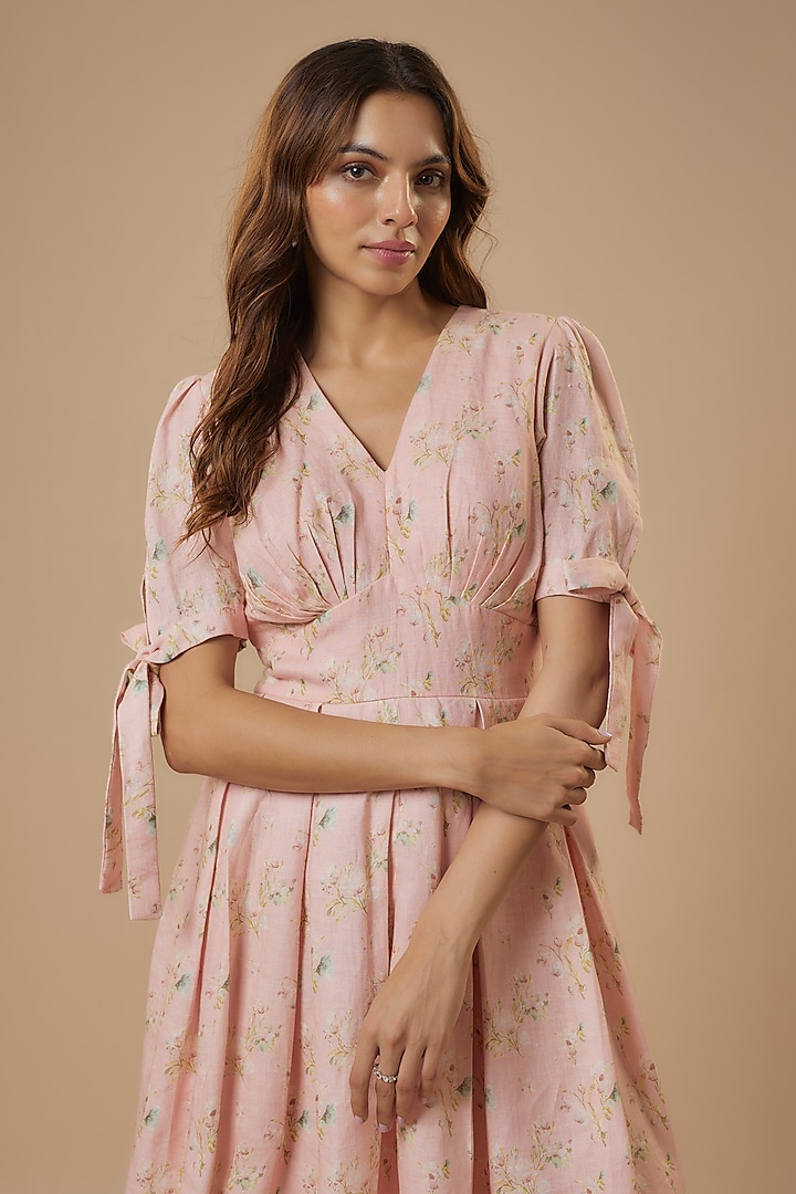 Pink Hemp Floral Digital Printed Box-Pleated Summer Dress by Ewoke at Pernia's Pop Up Shop