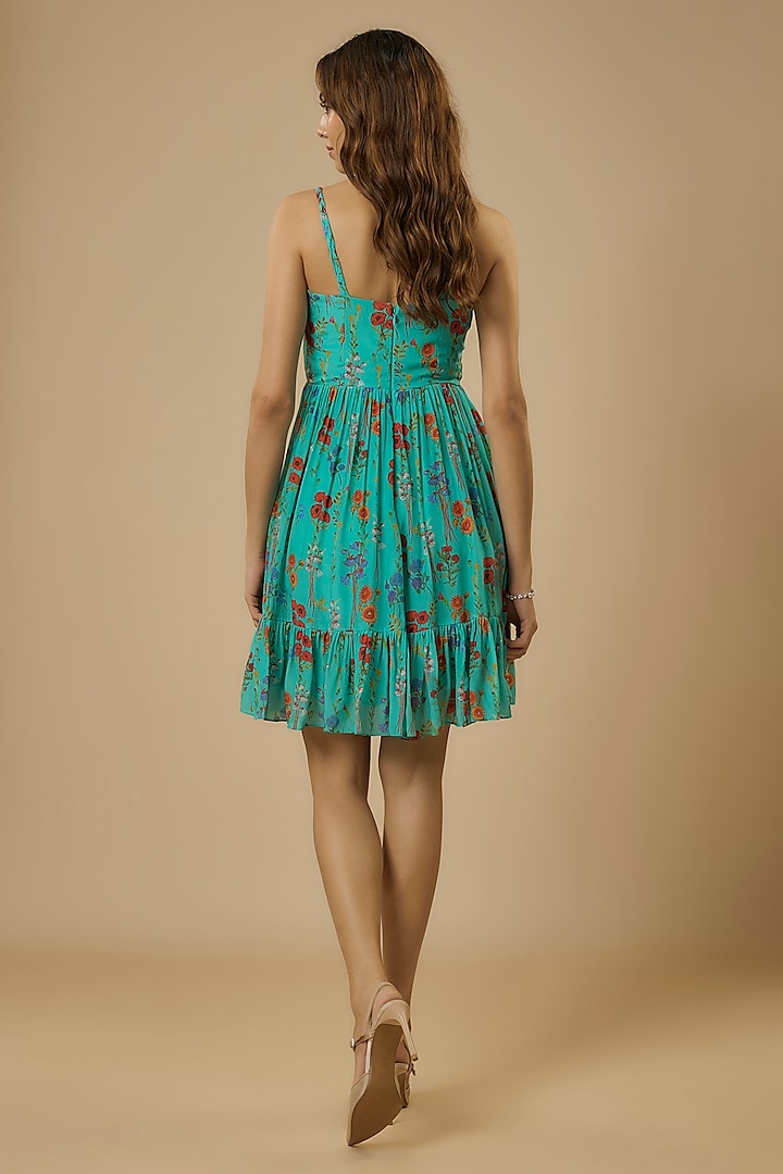 Blue Crepe Floral Digital Printed Mini Summer Dress by Ewoke at Pernia's Pop Up Shop