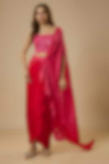 Gradient Pink & Red Georgette Satin Draped Skirt Saree Set by Ewoke