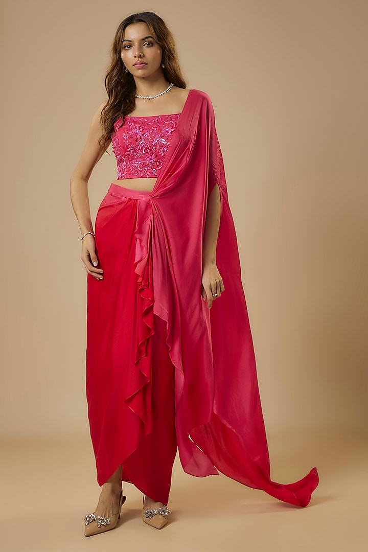 Gradient Pink & Red Georgette Satin Draped Skirt Saree Set by Ewoke