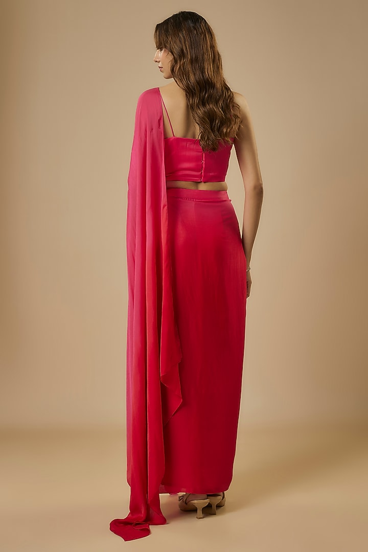 Gradient Pink & Red Georgette Satin Draped Skirt Party Wear Saree Set by Ewoke at Pernia's Pop Up Shop