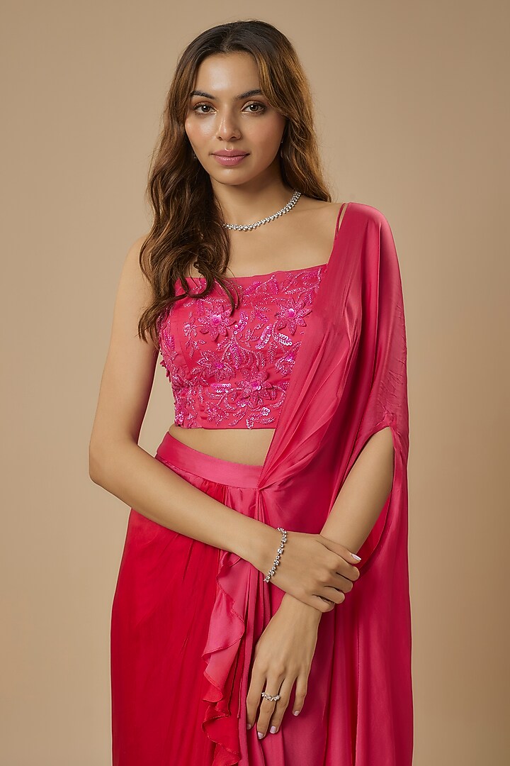 Gradient Pink & Red Georgette Satin Draped Skirt Party Wear Saree Set by Ewoke at Pernia's Pop Up Shop