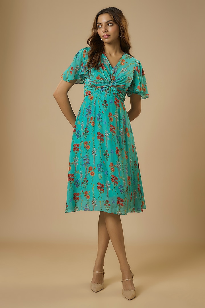 Blue Crepe Digital Printed Knotted Dress by Ewoke