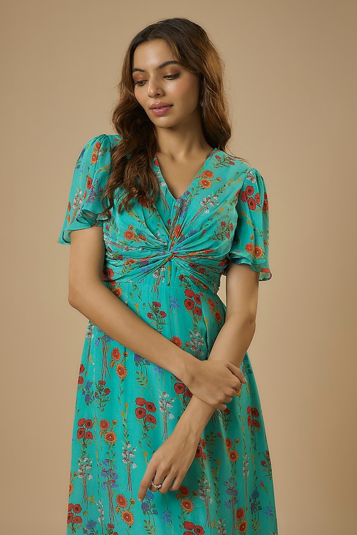 Blue Crepe Digital Printed Knotted Summer Dress by Ewoke at Pernia's Pop Up Shop