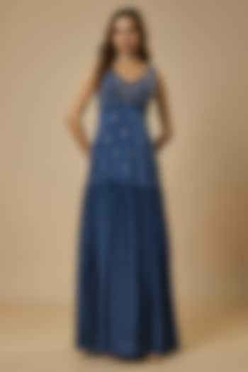 Midnight Blue Crepe Bead Hand Embroidered Tiered Gown by Ewoke at Pernia's Pop Up Shop