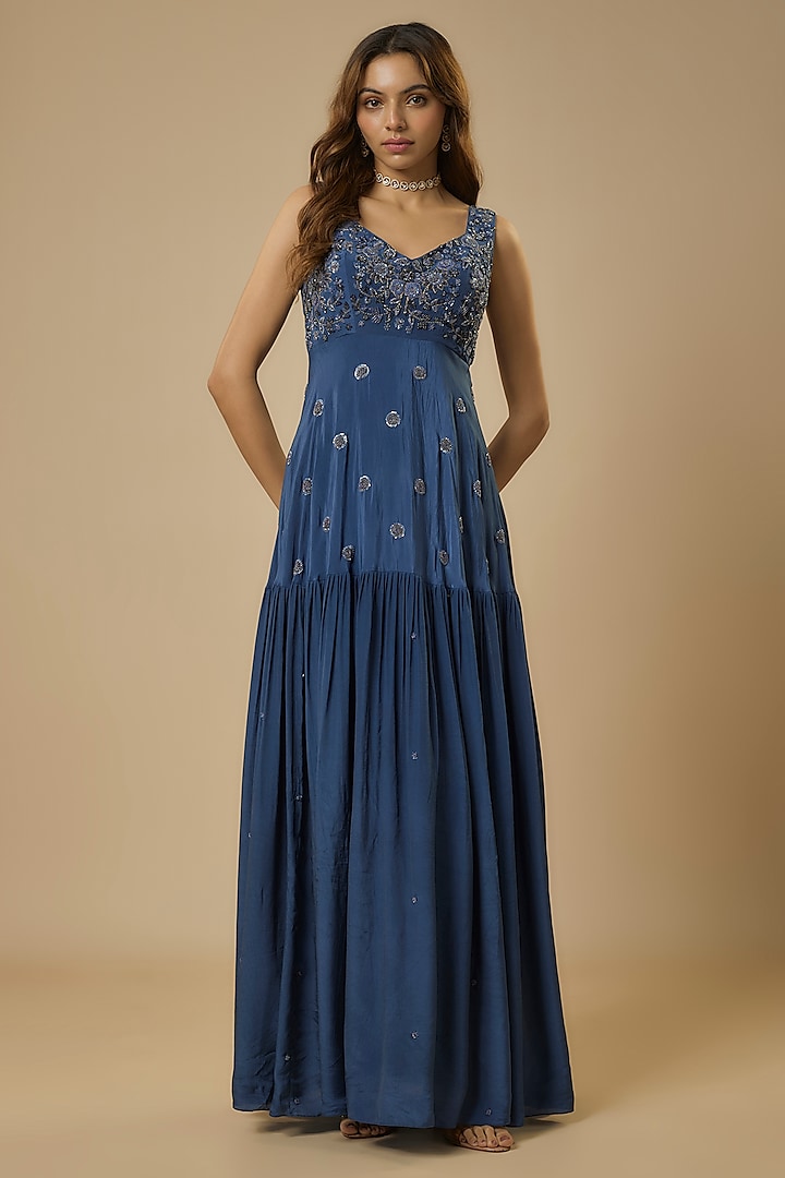 Midnight Blue Crepe Bead Hand Embroidered Tiered Gown by Ewoke at Pernia's Pop Up Shop