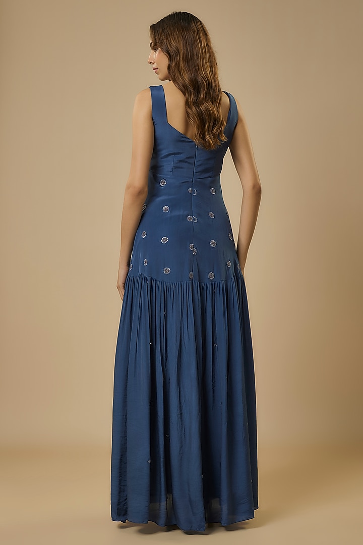 Midnight Blue Crepe Bead Hand Embroidered Tiered Party Wear Gown by Ewoke at Pernia's Pop Up Shop