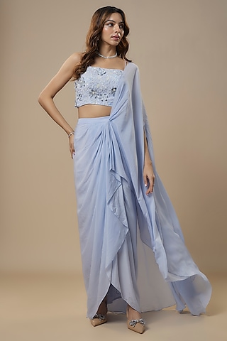 Ice Blue Georgette Satin Draped Skirt Saree Set by Ewoke