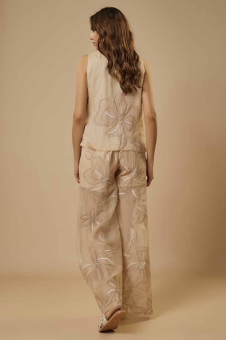 Beige Organza Floral Embroidered Co-Ord Set by Ewoke at Pernia's Pop Up Shop