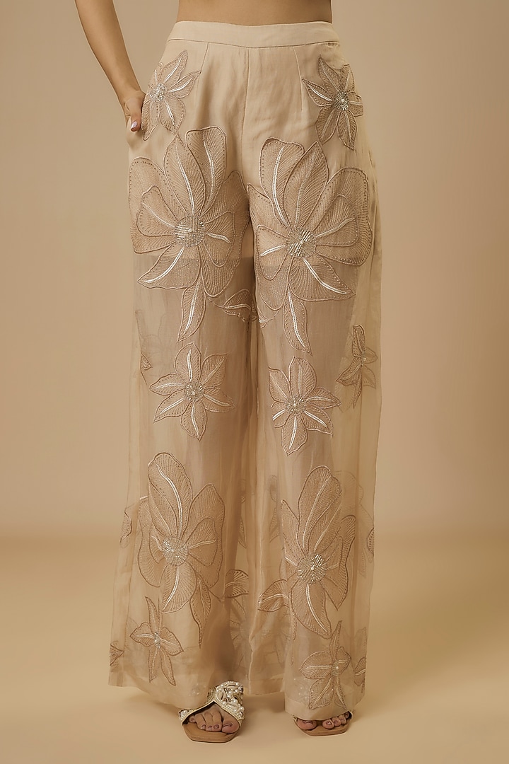 Beige Organza Floral Embroidered Co-Ord Set by Ewoke at Pernia's Pop Up Shop