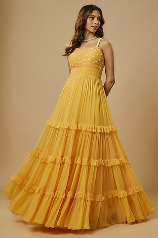 Mango Yellow Georgette Sequins Hand Embroidered Ruffled Gown by Ewoke