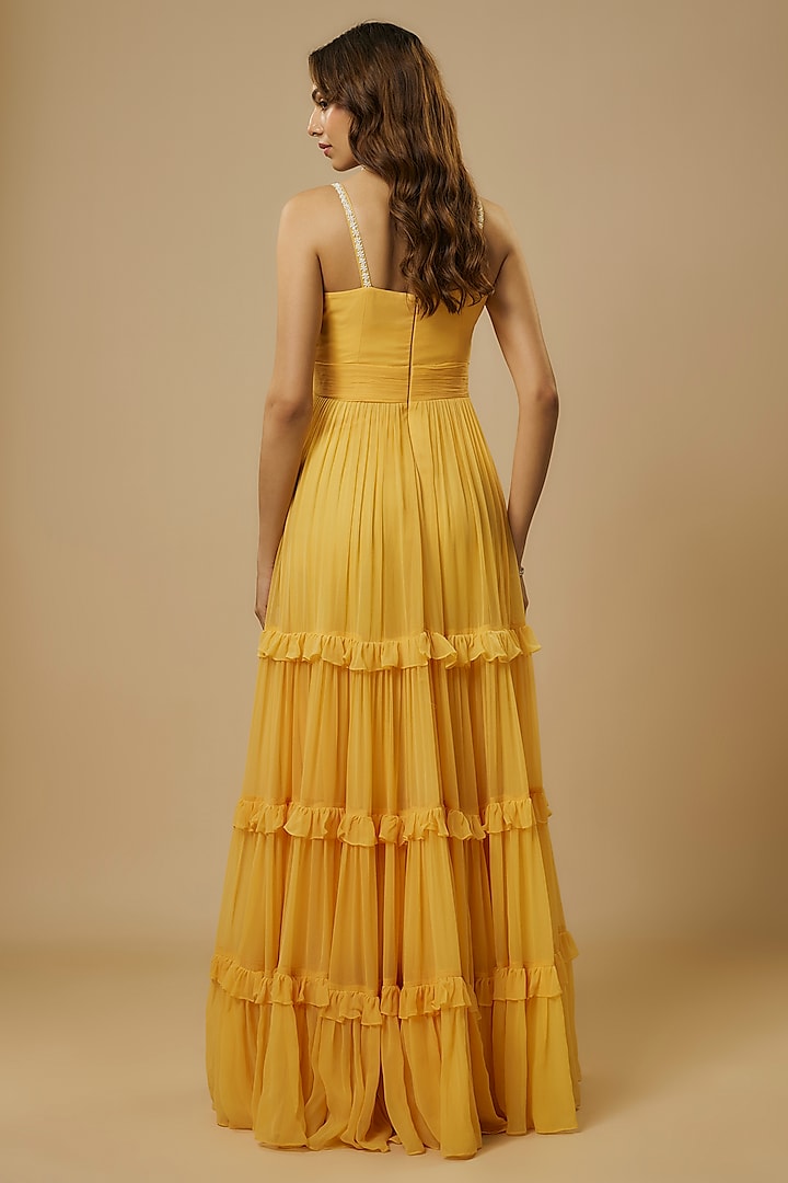 Mango Yellow Georgette Sequins Hand Embroidered Ruffled Party Wear Gown by Ewoke at Pernia's Pop Up Shop