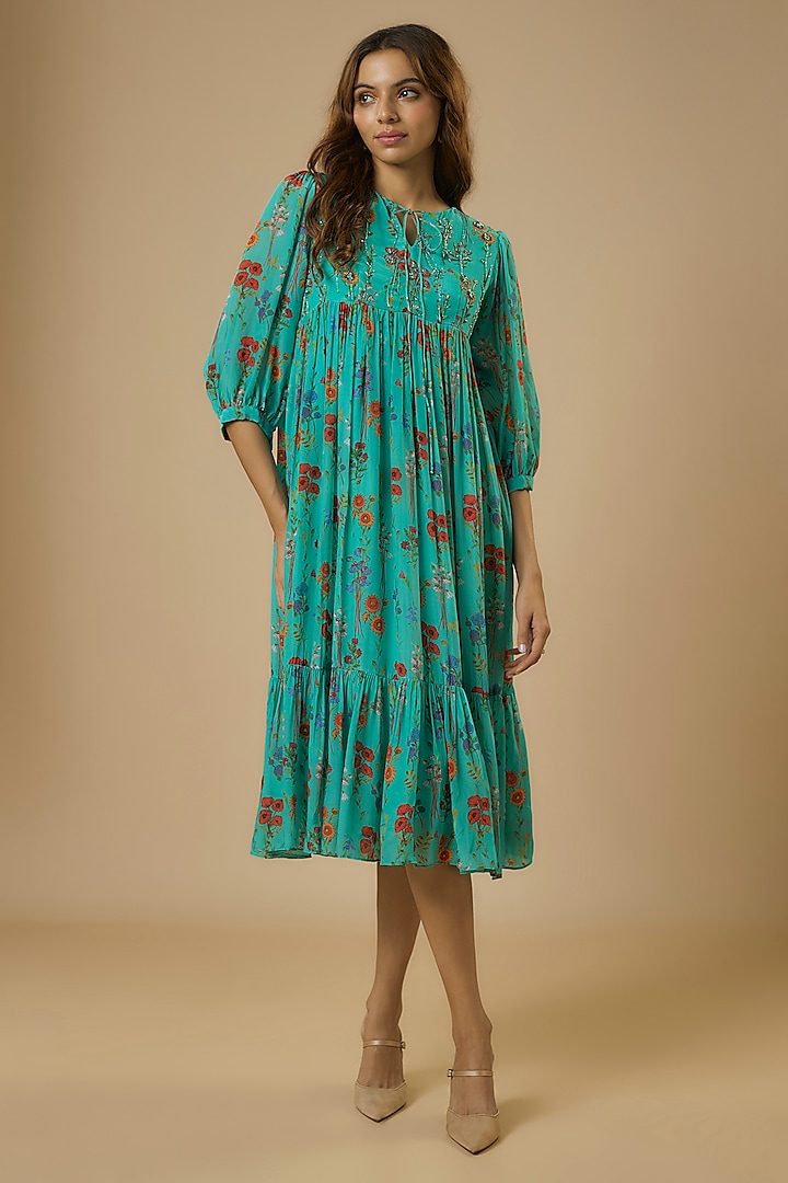 Blue Crepe Floral Digital Printed & Embroidered Midi Dress by Ewoke at Pernia's Pop Up Shop