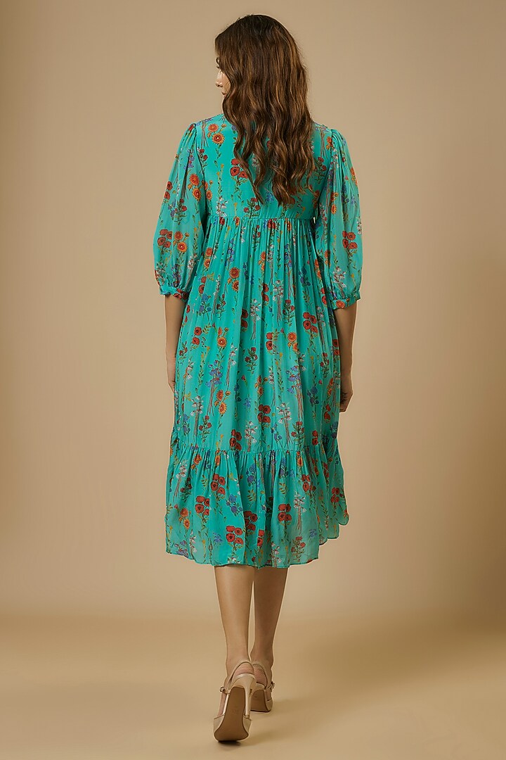 Blue Crepe Floral Digital Printed & Embroidered Midi Summer Dress by Ewoke at Pernia's Pop Up Shop