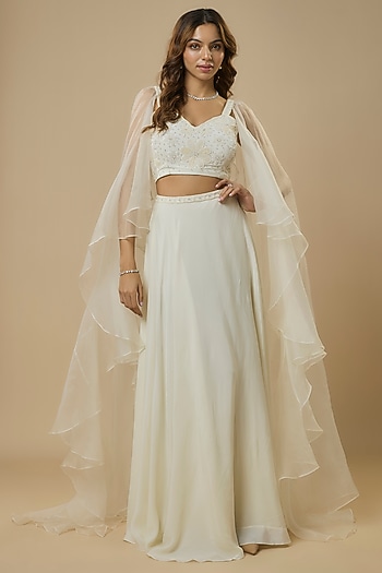 Ivory Crepe Embroidered Lehenga Set by Ewoke at Pernia's Pop Up Shop