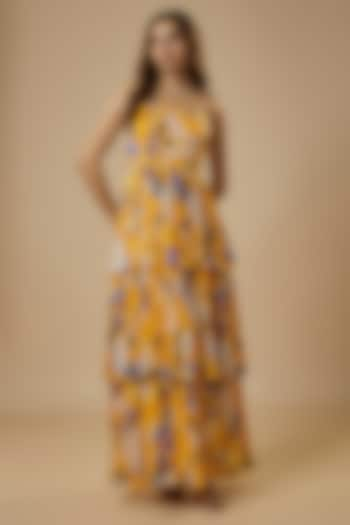 Yellow Chiffon Digital Printed & Embroidered Ruffled Maxi Dress by Ewoke at Pernia's Pop Up Shop