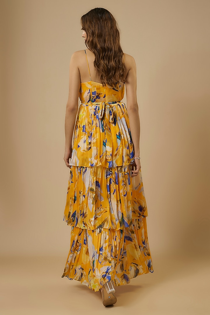 Yellow Chiffon Digital Printed & Embroidered Ruffled Maxi Summer Dress by Ewoke at Pernia's Pop Up Shop
