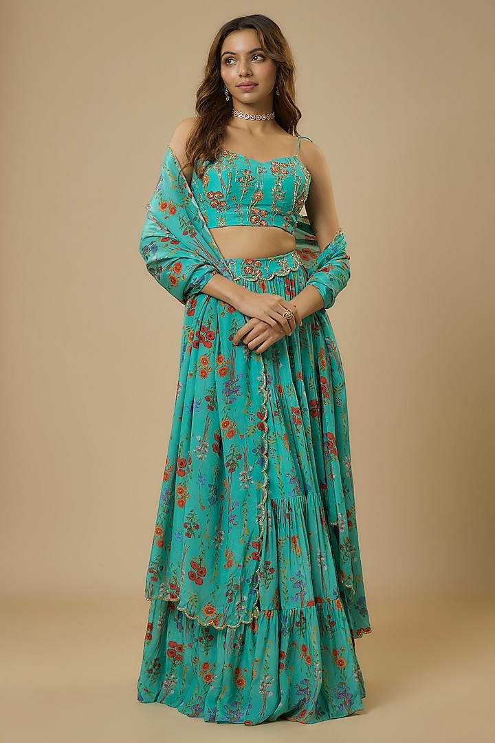 Blue Crepe Floral Digital Printed & Embroidered Lehenga Set by Ewoke