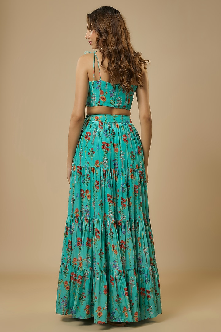 Blue Crepe Floral Digital Printed & Embroidered Lehenga Set by Ewoke at Pernia's Pop Up Shop