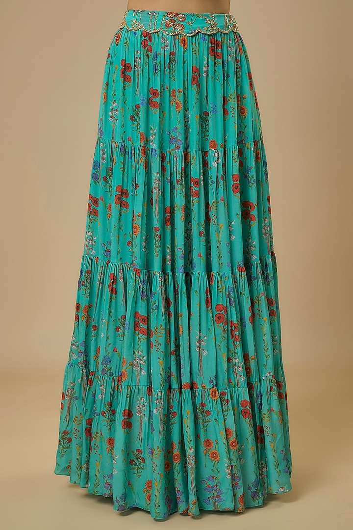 Blue Crepe Floral Digital Printed & Embroidered Lehenga Set by Ewoke at Pernia's Pop Up Shop