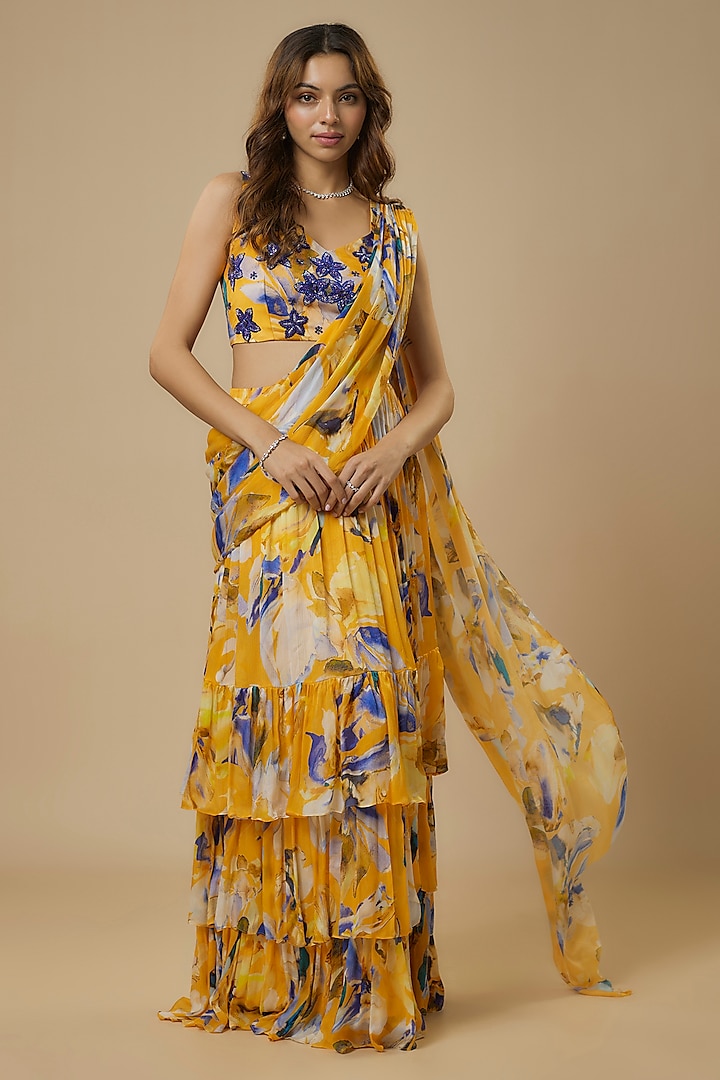 Yellow Chiffon Satin Digital Printed Pre-Draped Ruffled Saree Set by Ewoke