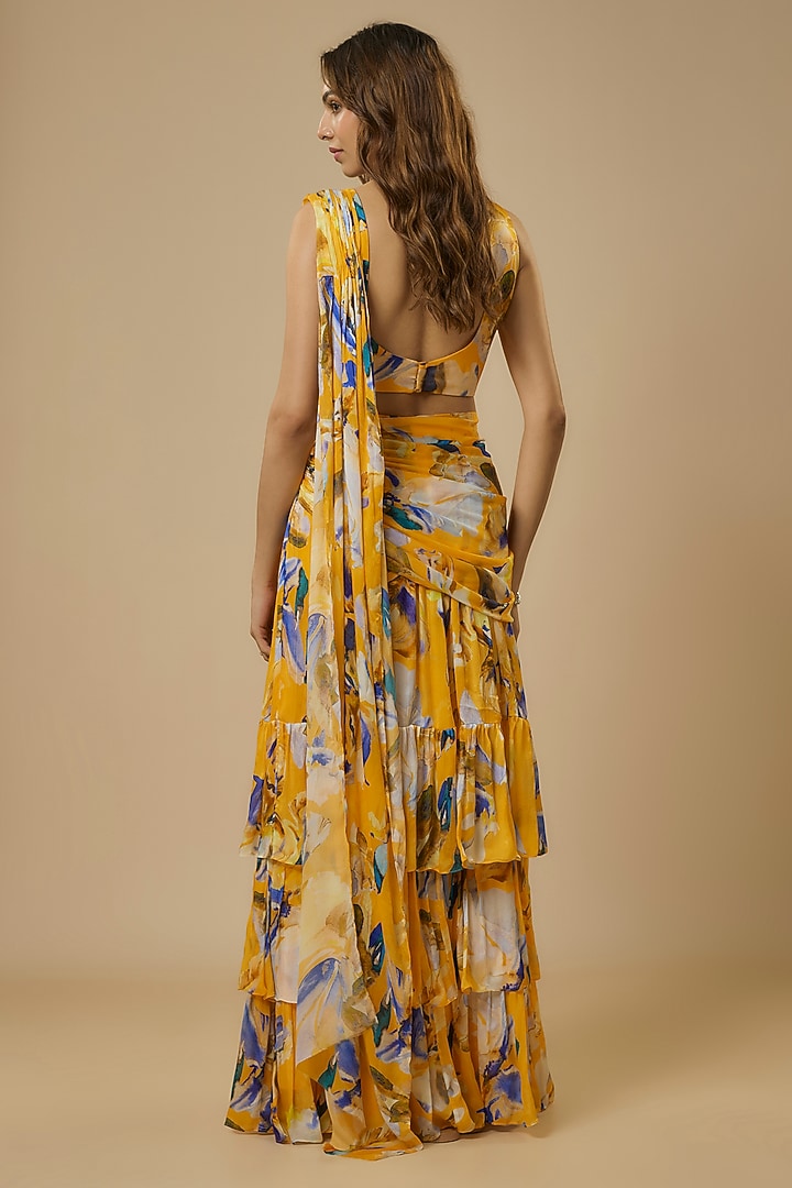 Yellow Chiffon Satin Digital Printed Pre-Draped Ruffled Party Wear Saree Set by Ewoke at Pernia's Pop Up Shop