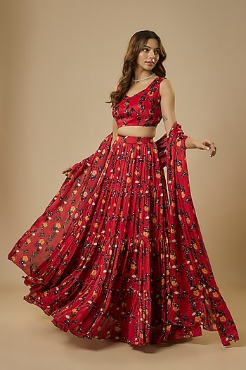 Red Georgette Satin Digital Printed Lehenga Set by Ewoke at Pernia's Pop Up Shop