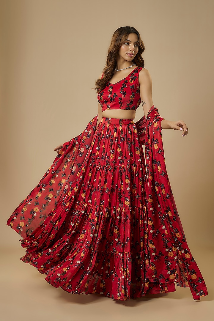 Red Georgette Satin Digital Printed Lehenga Set by Ewoke