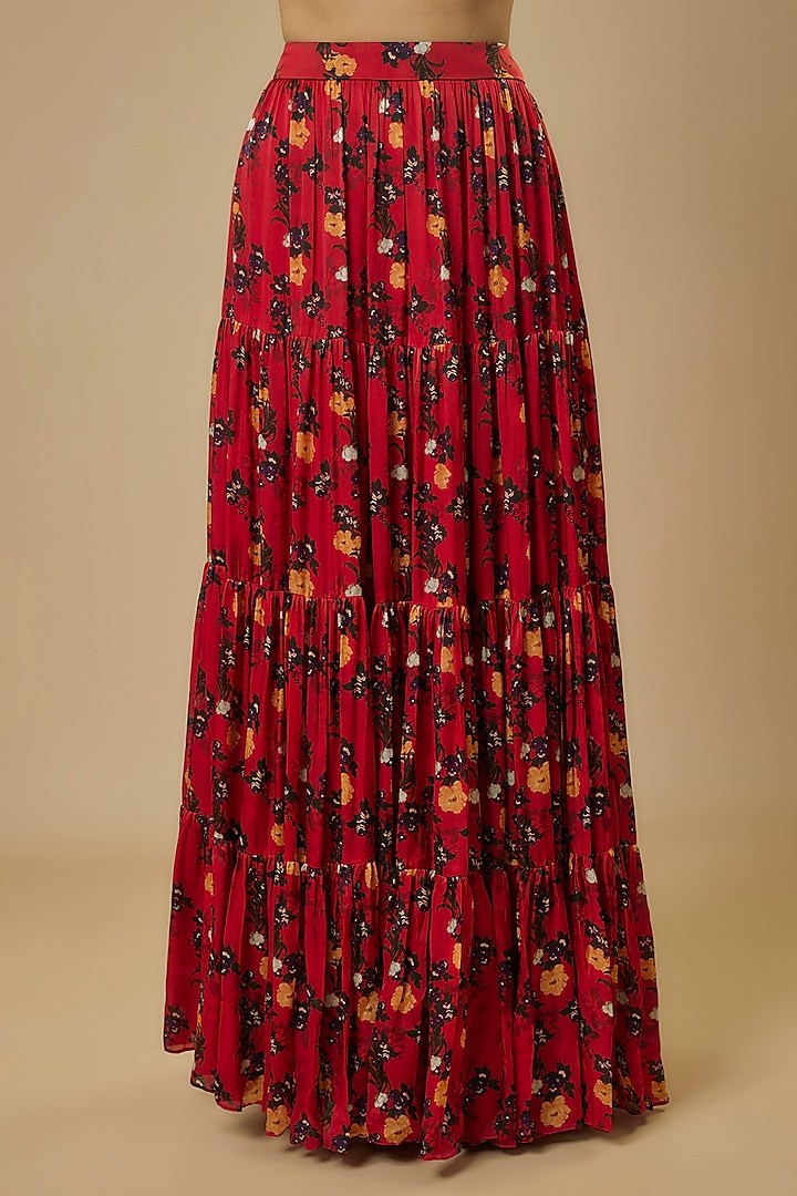 Red Georgette Satin Digital Printed Lehenga Set by Ewoke at Pernia's Pop Up Shop