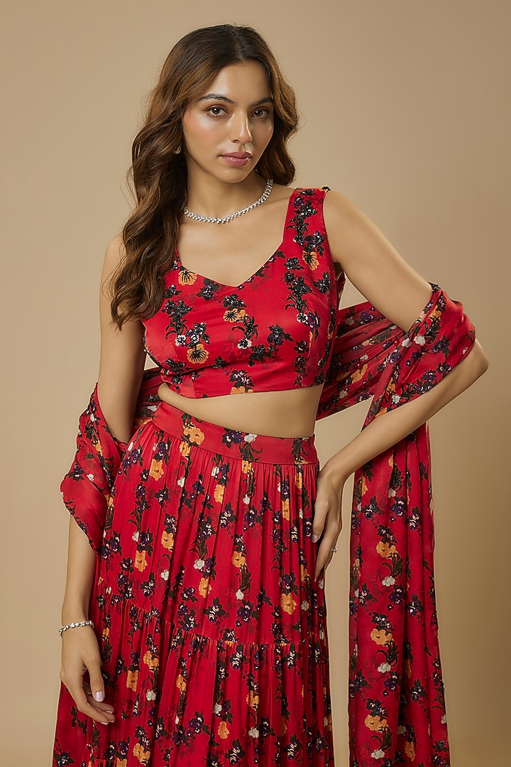 Red Georgette Satin Digital Printed Lehenga Set by Ewoke at Pernia's Pop Up Shop