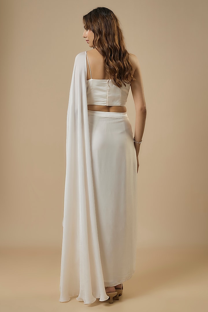 Ivory Georgette Satin Draped Skirt Party Wear Saree Set by Ewoke at Pernia's Pop Up Shop