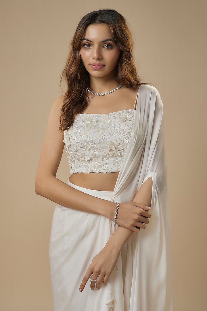 Ivory Georgette Satin Draped Skirt Party Wear Saree Set by Ewoke at Pernia's Pop Up Shop