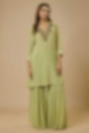 Green Crepe Sharara Set by Ewoke at Pernia's Pop Up Shop