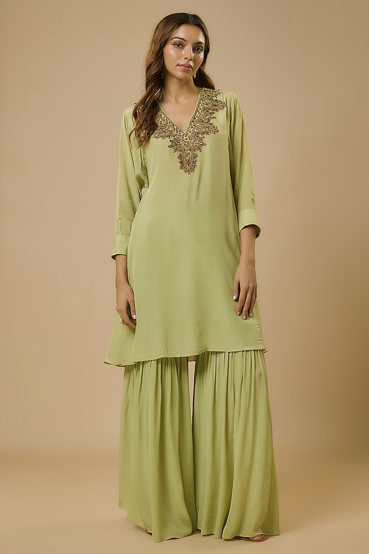 Green Crepe Sharara Set by Ewoke at Pernia's Pop Up Shop