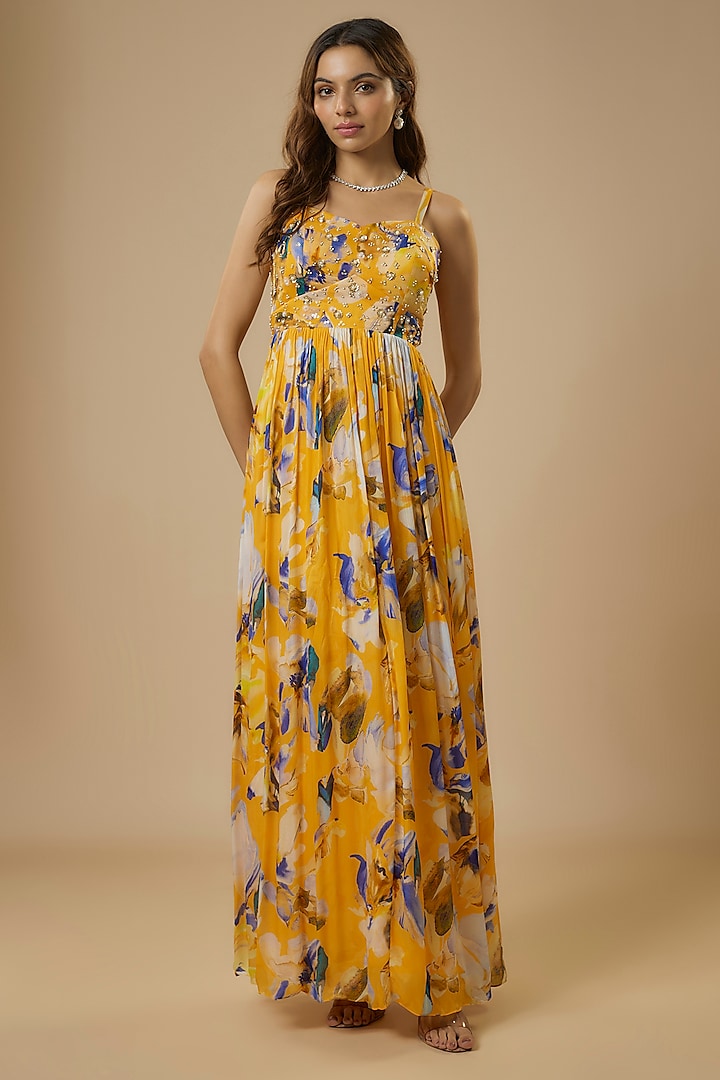 Yellow Chiffon Satin Digital Printed & Embroidered Maxi Dress by Ewoke at Pernia's Pop Up Shop