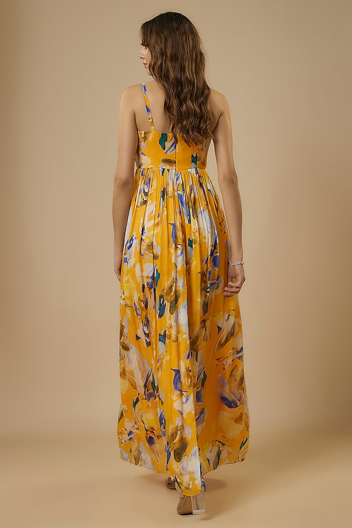 Yellow Chiffon Satin Digital Printed & Embroidered Maxi Summer Dress by Ewoke at Pernia's Pop Up Shop