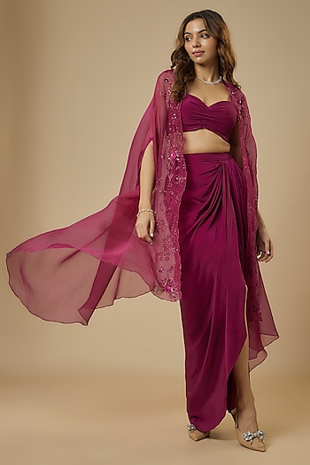Wine Organza Bead Embroidered Jacket Set by Ewoke at Pernia's Pop Up Shop